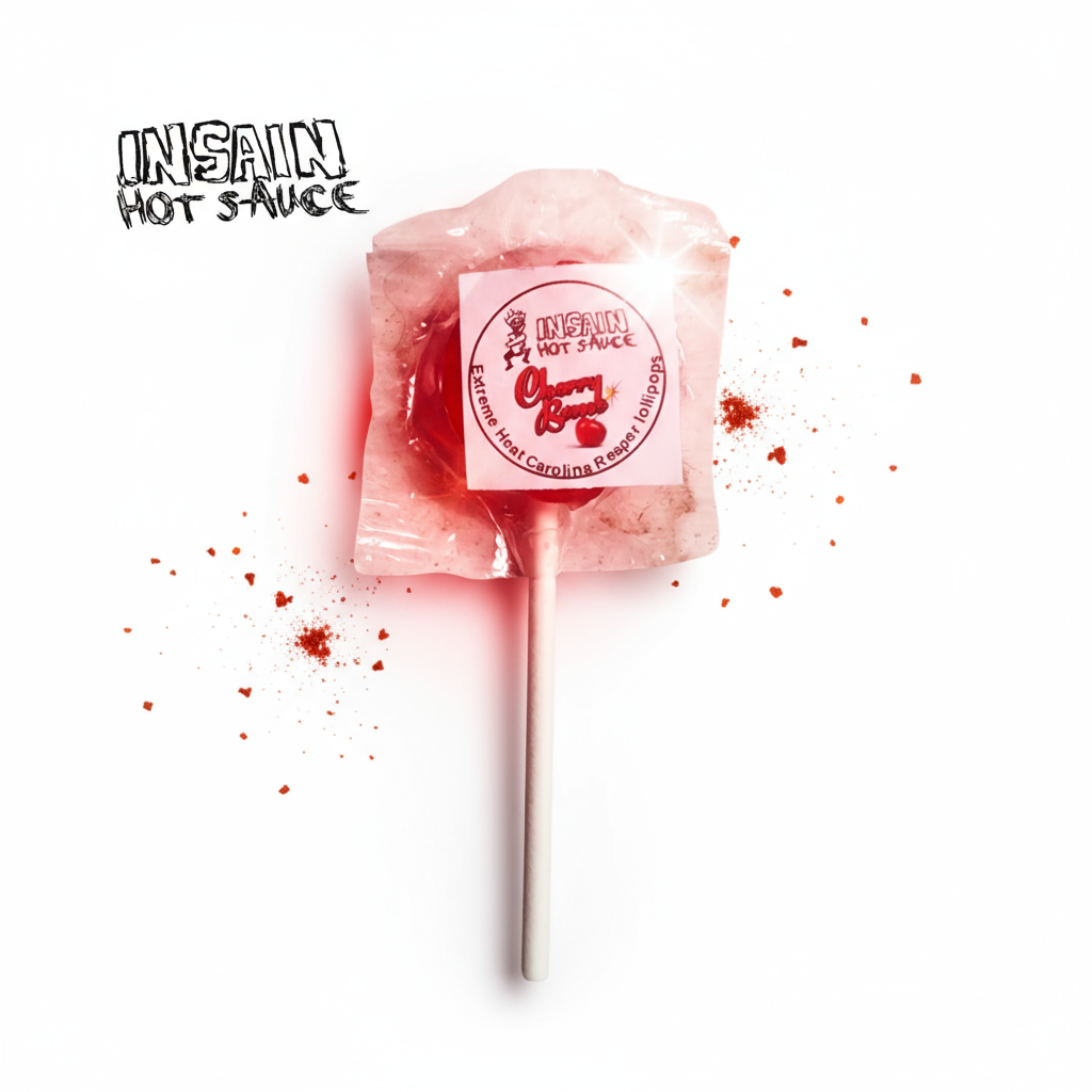 Insain Hot Sauce Hot Cherry Bomb Sweet Spicy Candy Lollipop extreme heat