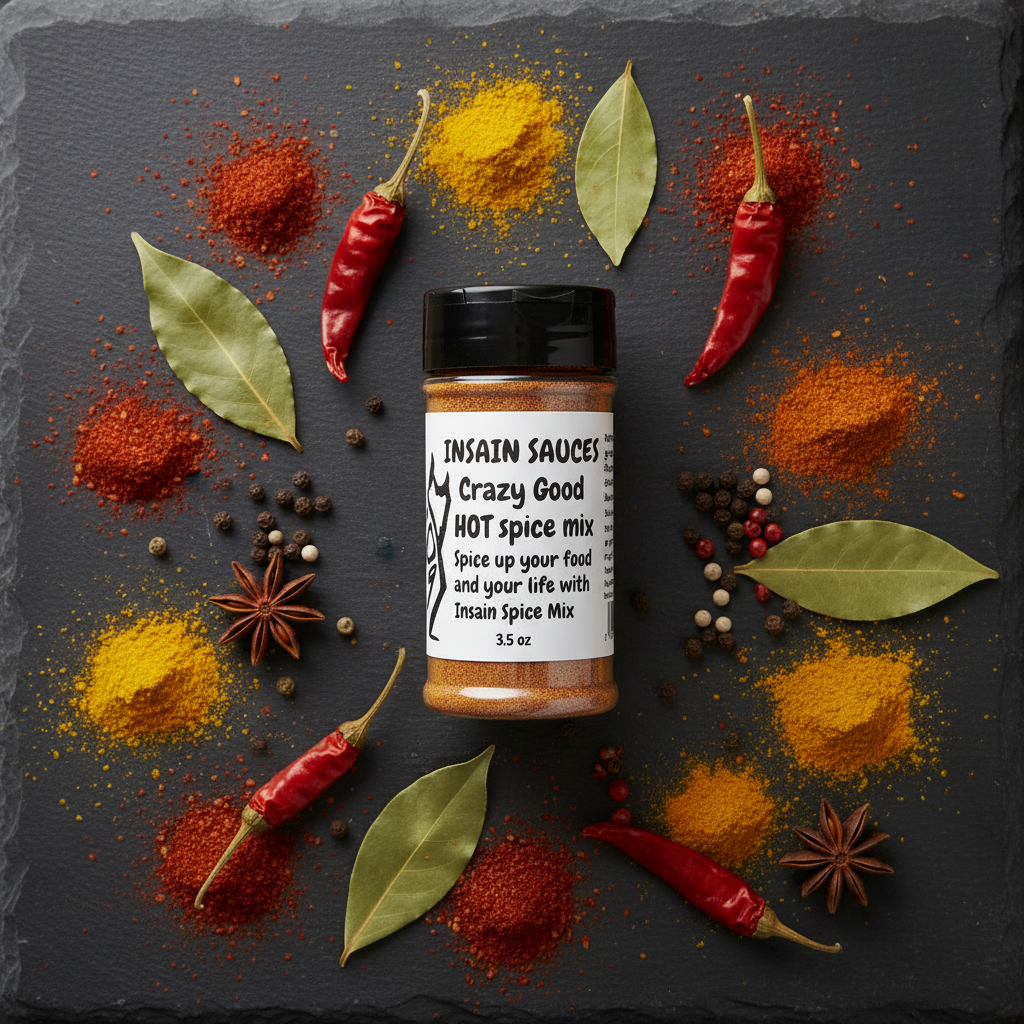 Cajun Jamaican Hot Spice Blend flat lay overhead with dried peppers and spices