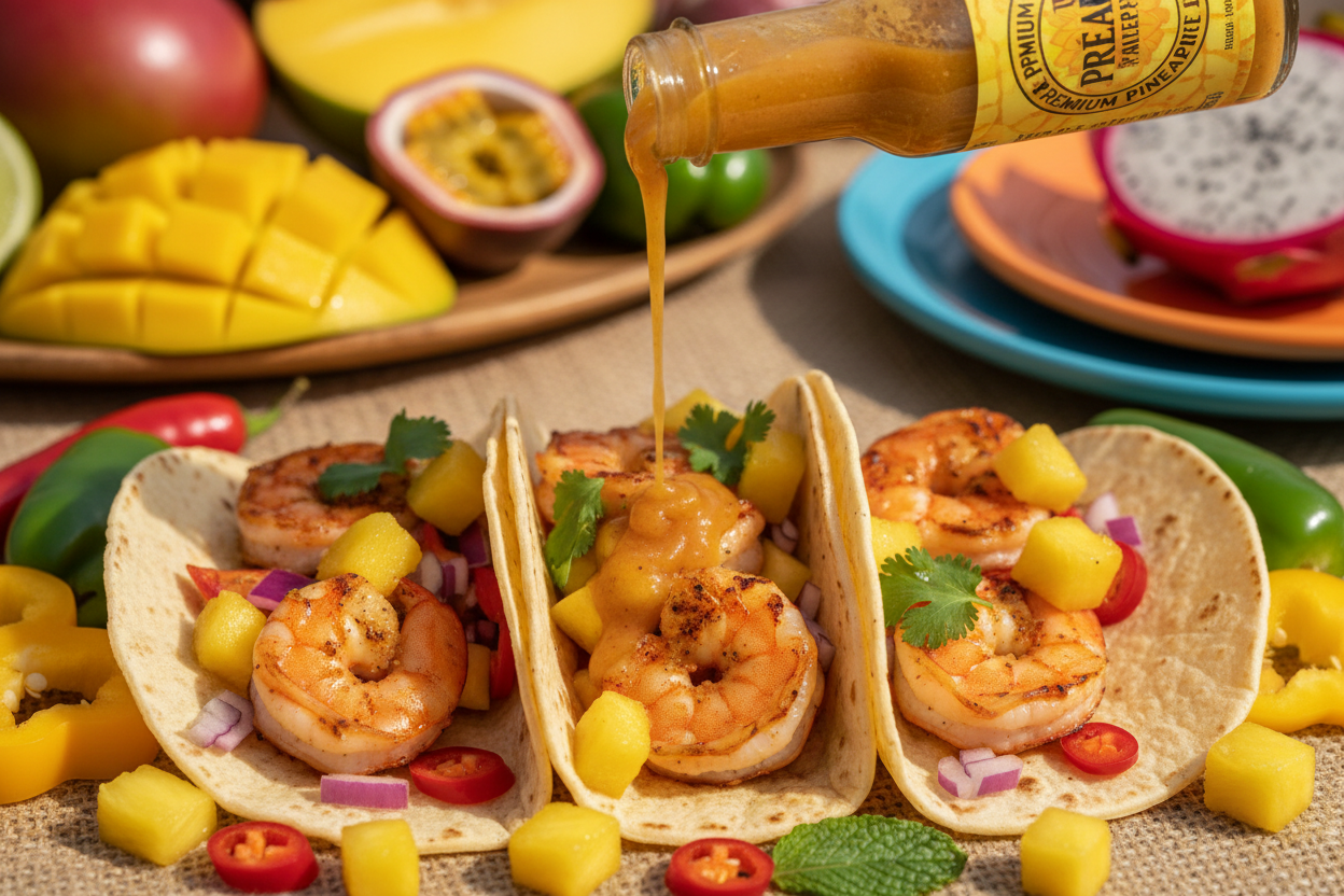 Pineapple Bomb hot sauce being poured on grilled shrimp tacos
