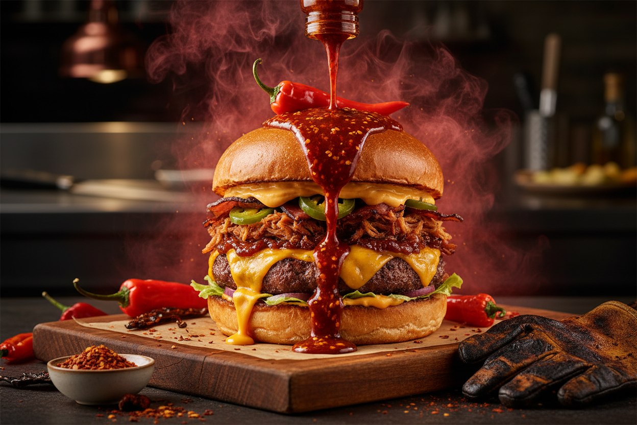 Creeping Death hot sauce on loaded burger