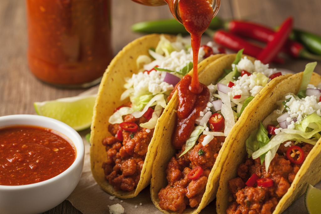 Cayenne Creeper hot sauce being poured on spicy tacos