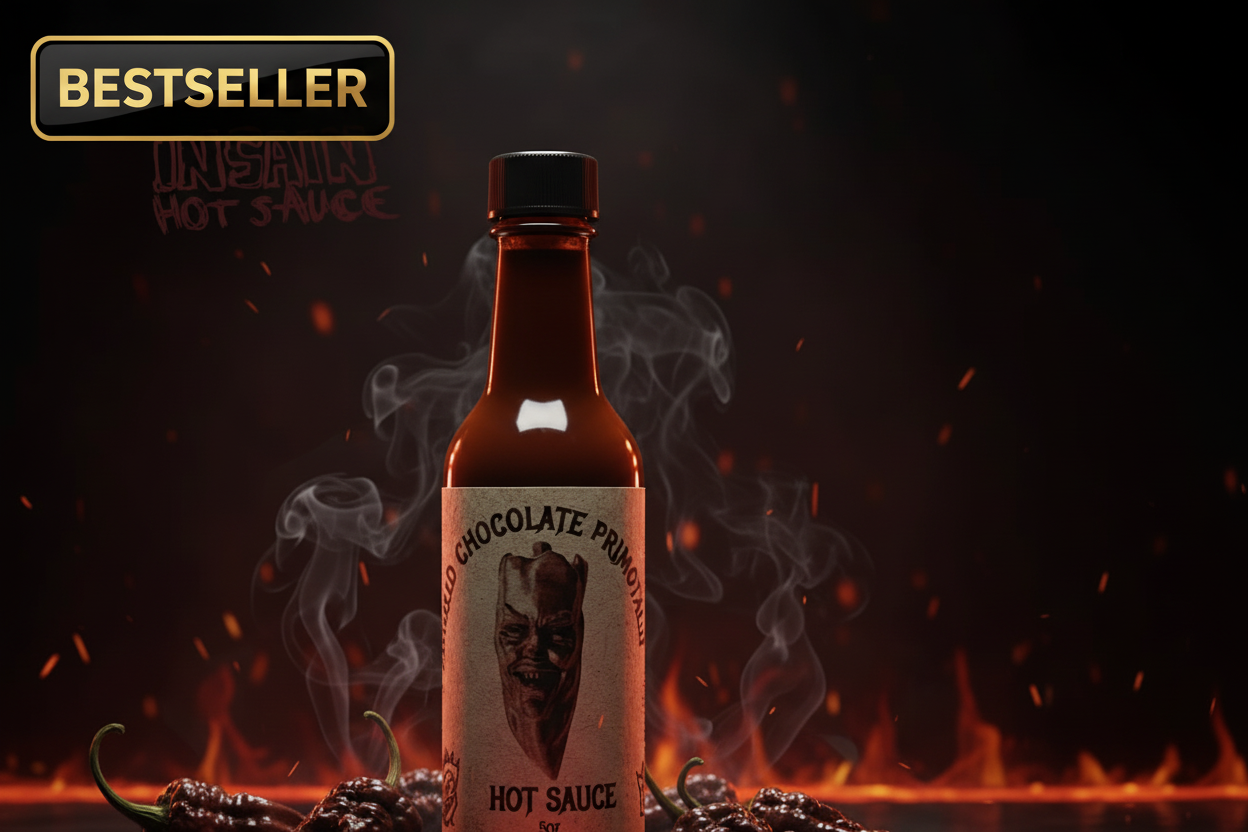 Insain Hot Sauce Chocolate Primotalii 5 oz extreme wicked pepper hot sauce bottle