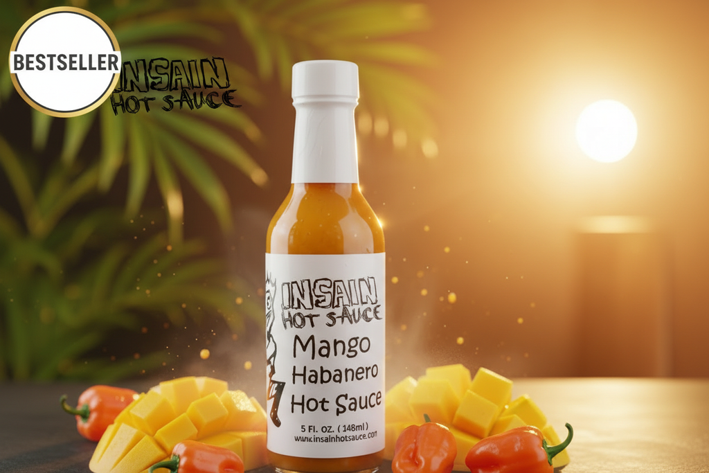 Insain Hot Sauce Mango Habanero 5 oz tropical sweet heat gourmet hot sauce bottle