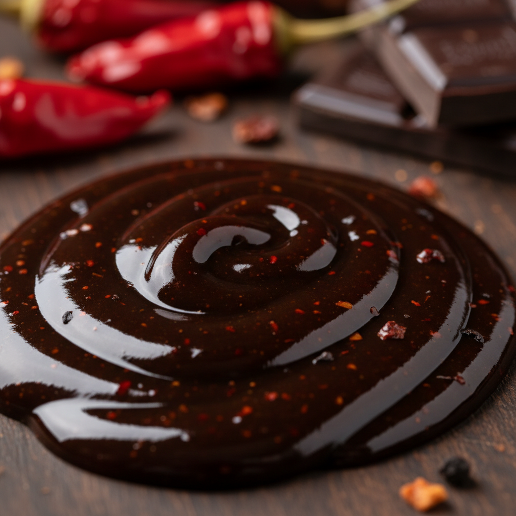 Close-up of chocolate ghost pepper hot sauce texture