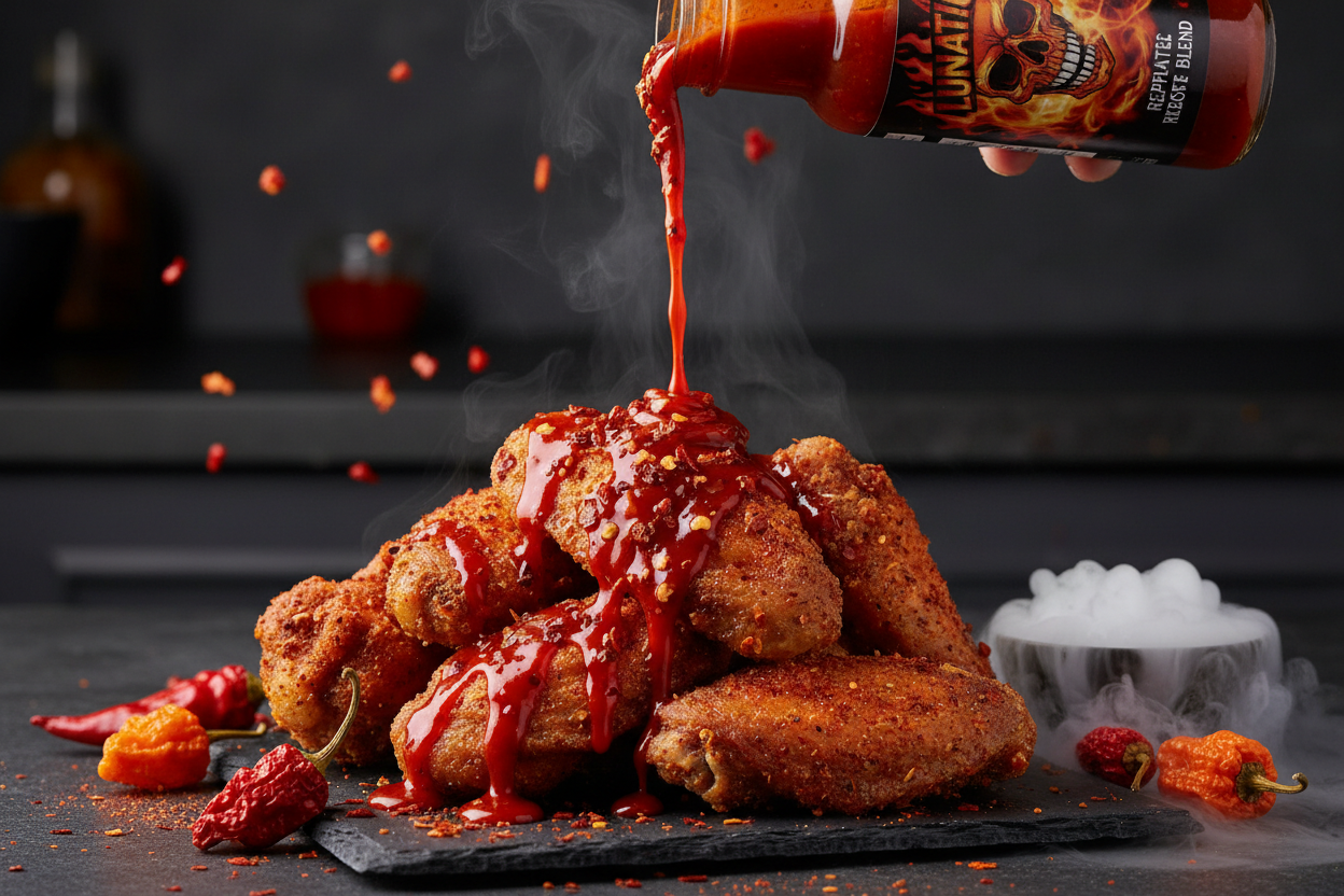 Lunatic Fringe hot sauce being poured on spicy wings