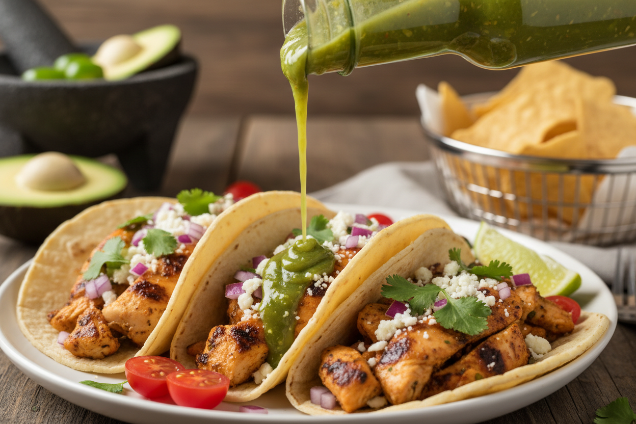 Jalapeno hot sauce being poured on tacos