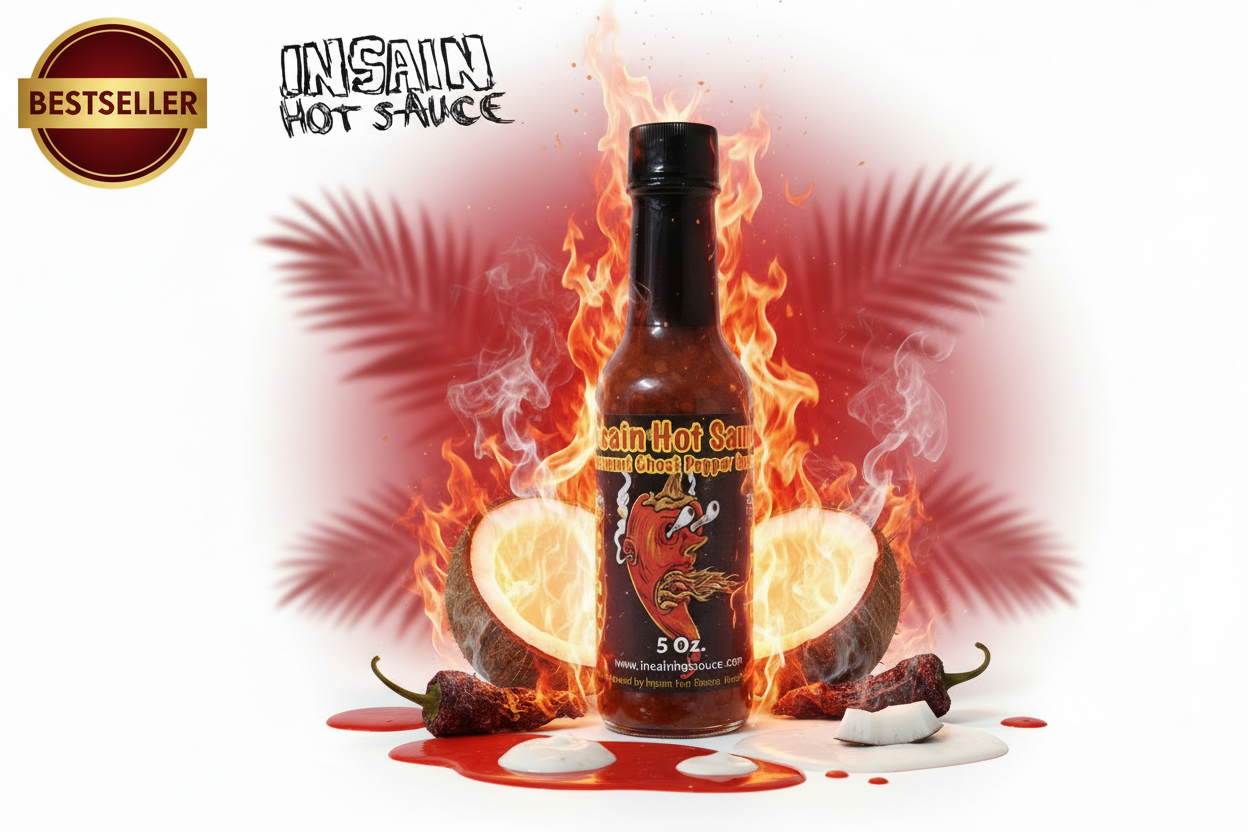 Insain Hot Sauce Coconut Ghost Pepper 5 oz tropical extreme heat hot sauce bottle
