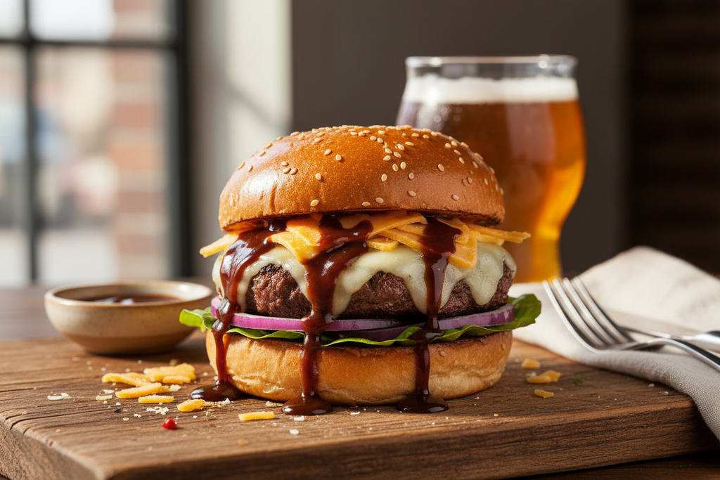 Chocolate ghost pepper hot sauce on gourmet burger