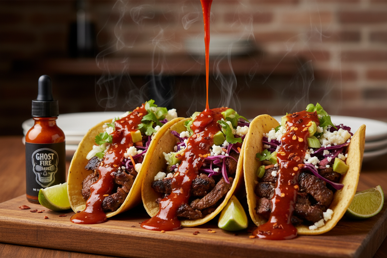 Ghost Blood hot sauce on spicy tacos