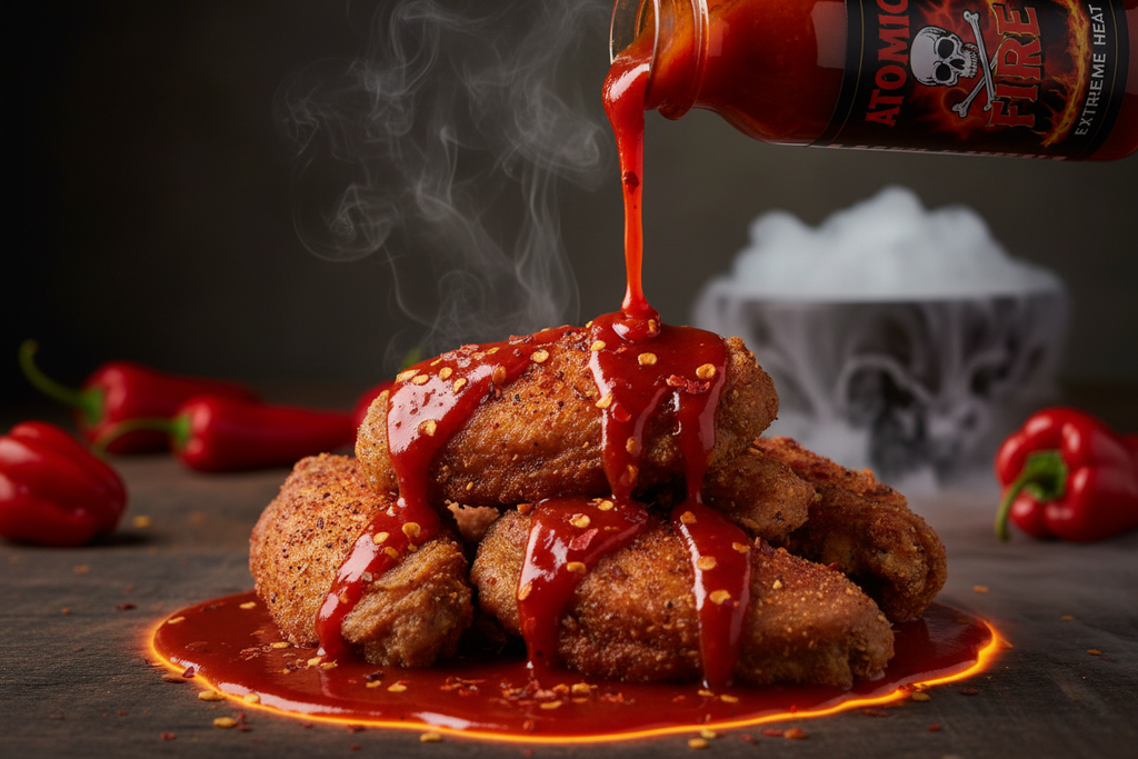 Creeping Death hot sauce being poured on spicy wings