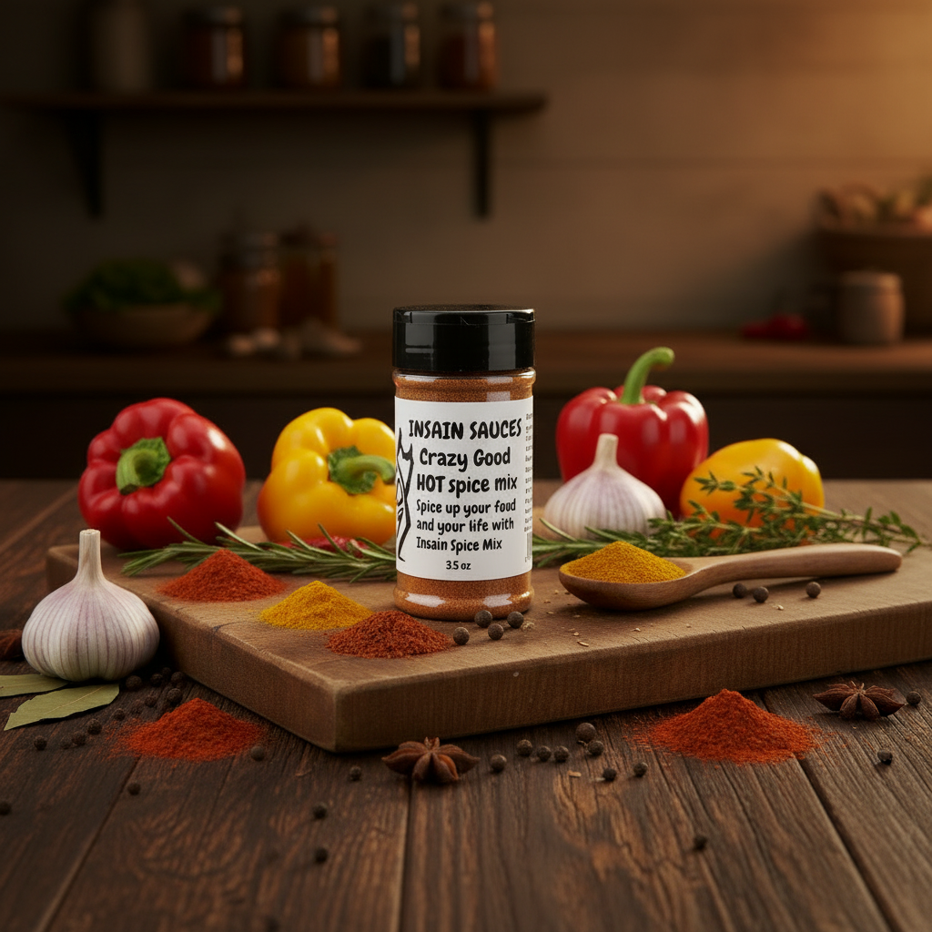 Cajun Jamaican Hot Spice Blend lifestyle shot with peppers and herbs