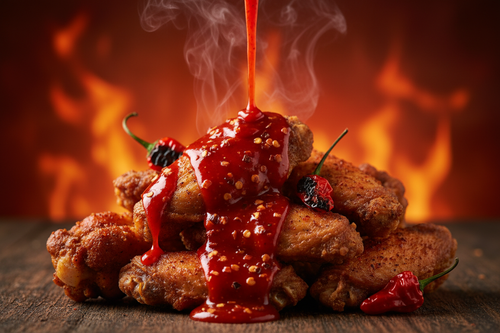 Ghost Blood hot sauce being poured on spicy chicken wings