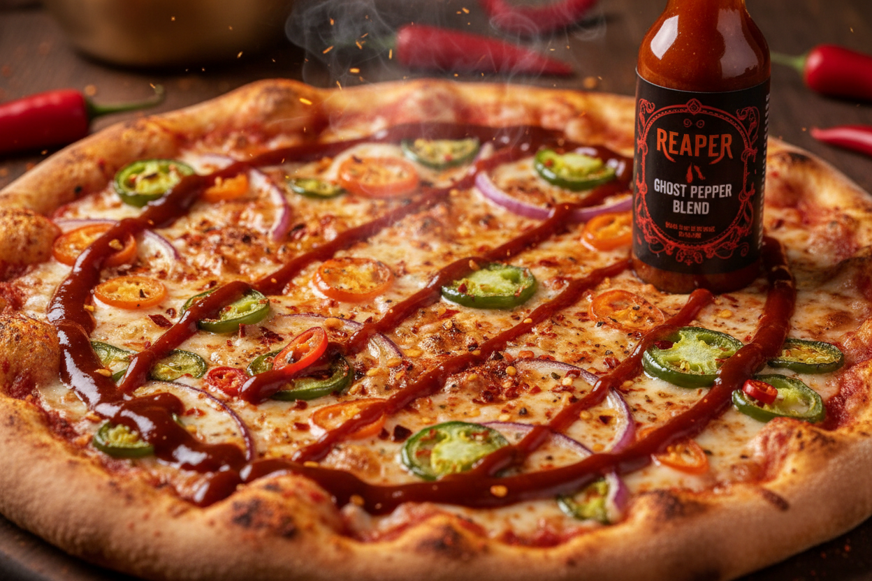 Lunatic Fringe hot sauce on extreme spicy pizza