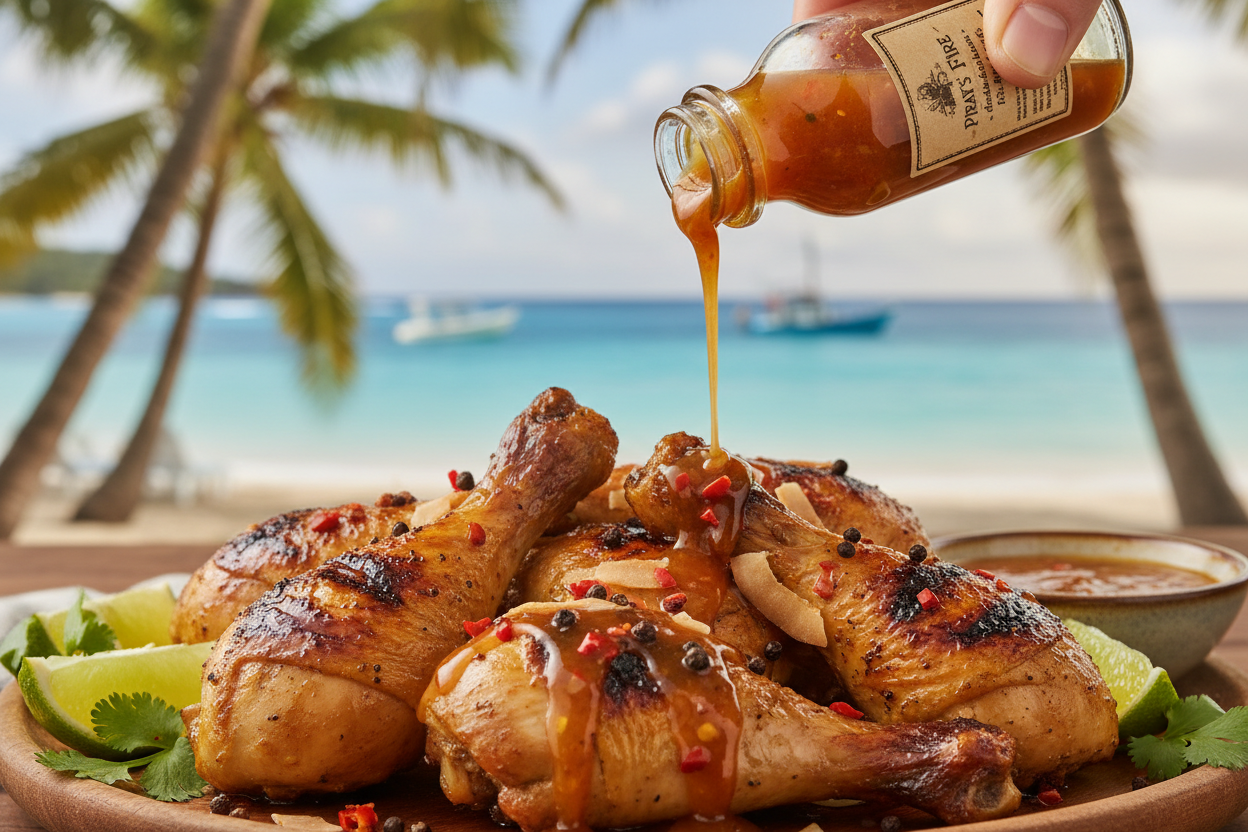Caribbean Rum hot sauce being poured on grilled jerk chicken