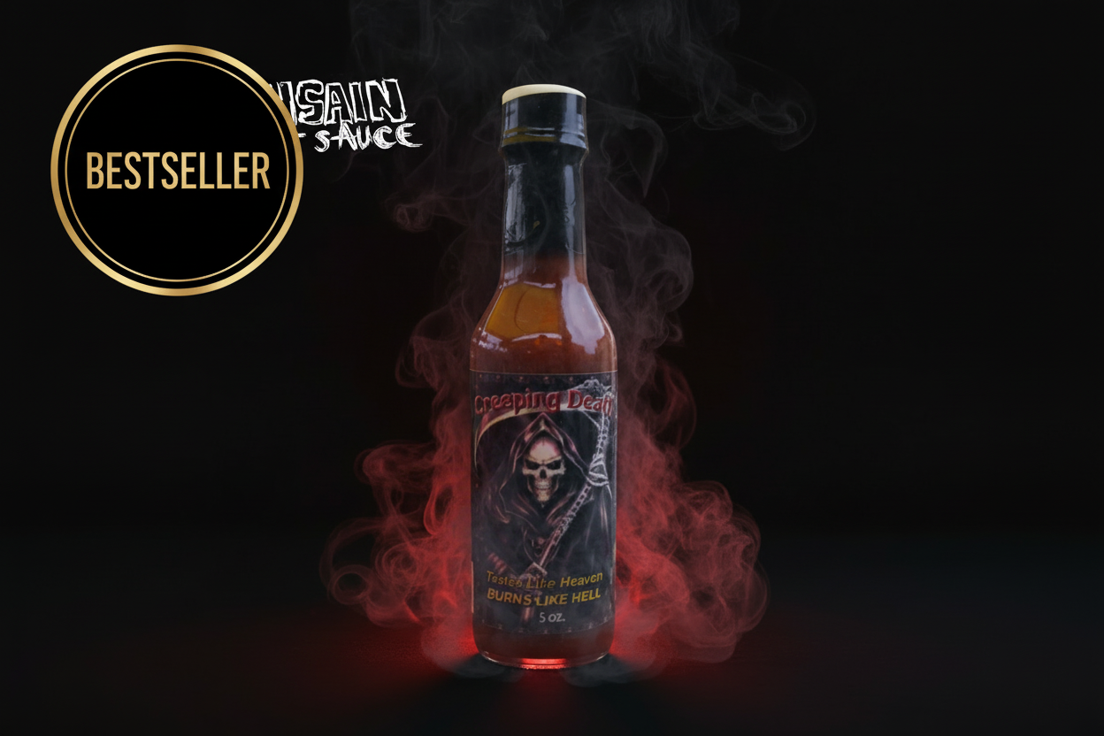 Insain Hot Sauce Creeping Death 5 oz slow build extreme hot sauce bottle