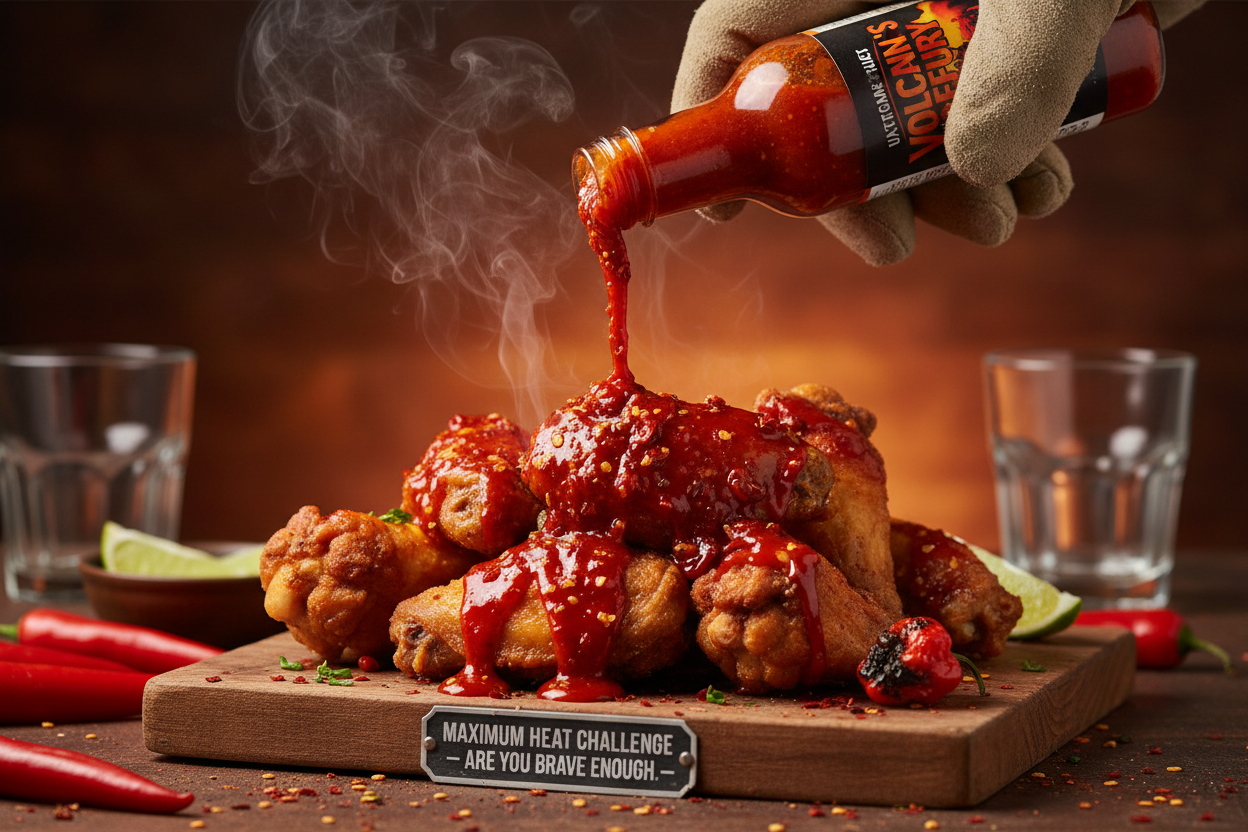 Maximum Heat Challenge sauce being poured on spicy wings