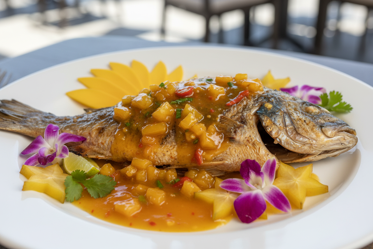 Pineapple Bomb hot sauce on grilled fish
