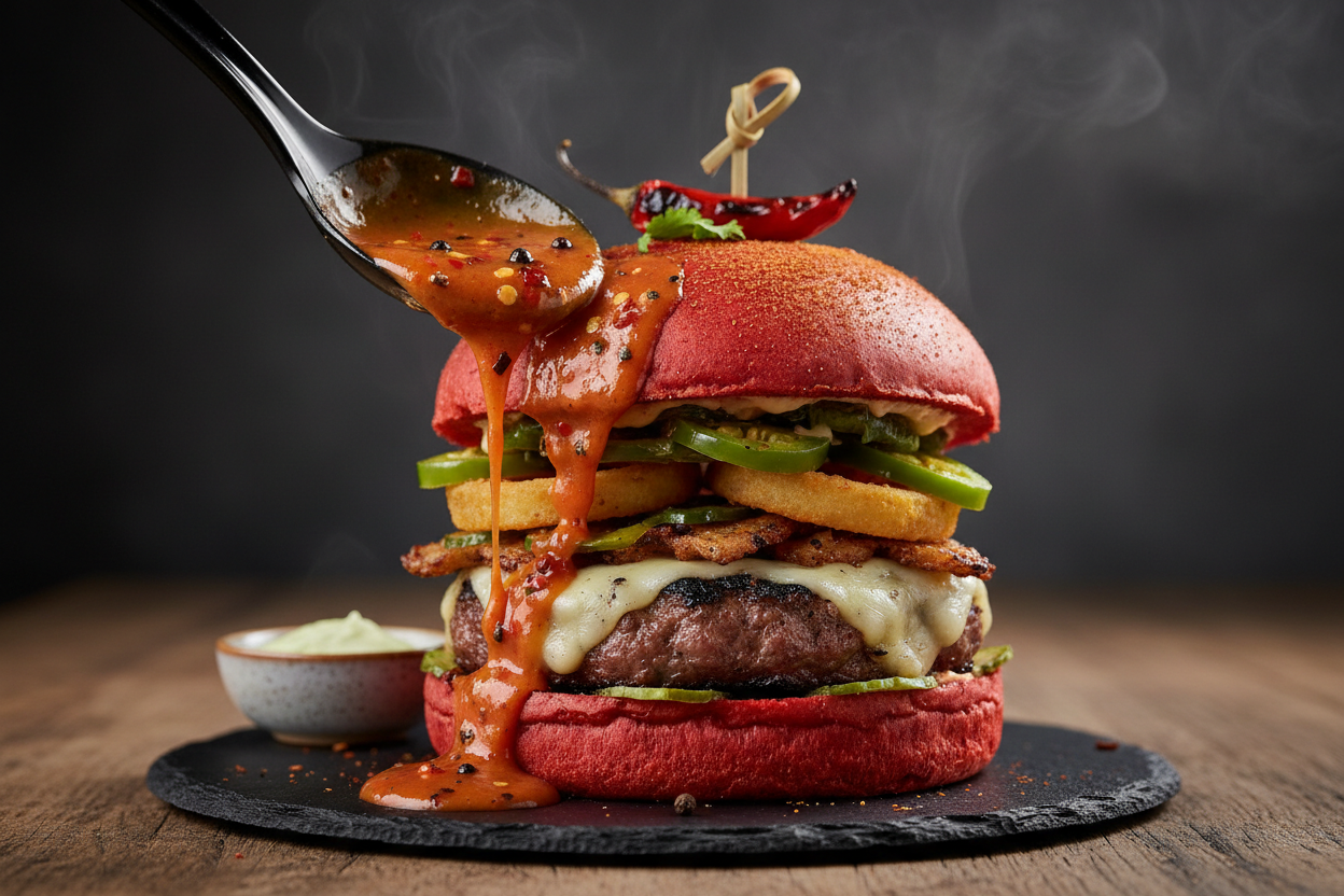 Maximum Heat Challenge sauce on extreme spicy burger