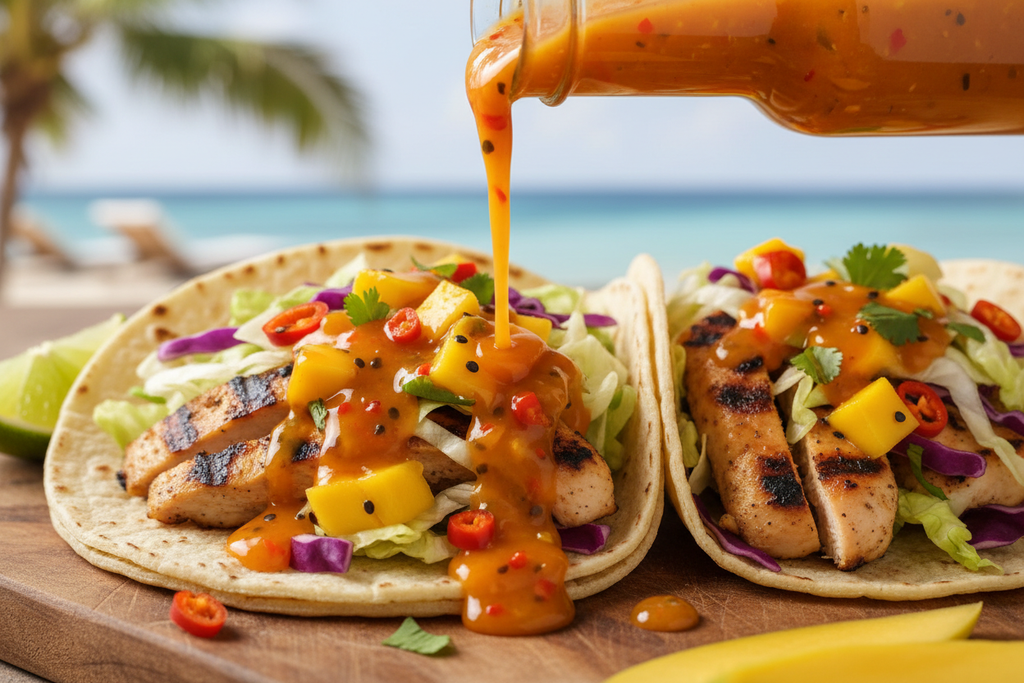 Mango Habanero hot sauce being poured on grilled chicken tacos