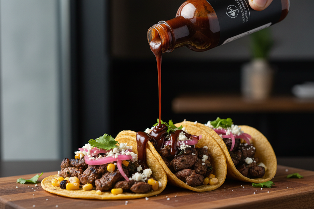 Chocolate ghost pepper hot sauce being poured on tacos