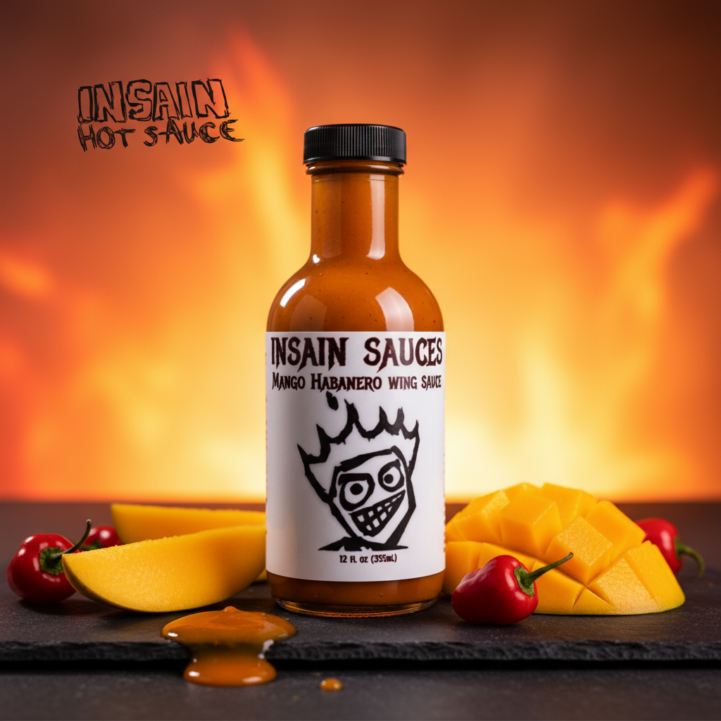 Insain Hot Sauce Mango Habanero Wing Sauce 12 oz sweet heat buffalo wing coating